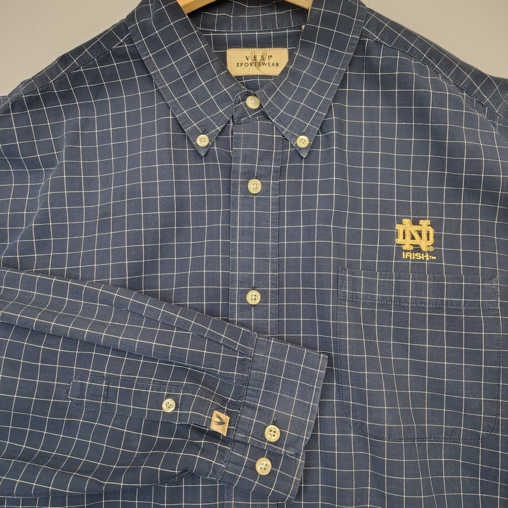 Vesi Sportswear Button Down Mens XL Navy Notre Dame Fighting Irish Grid Cotton